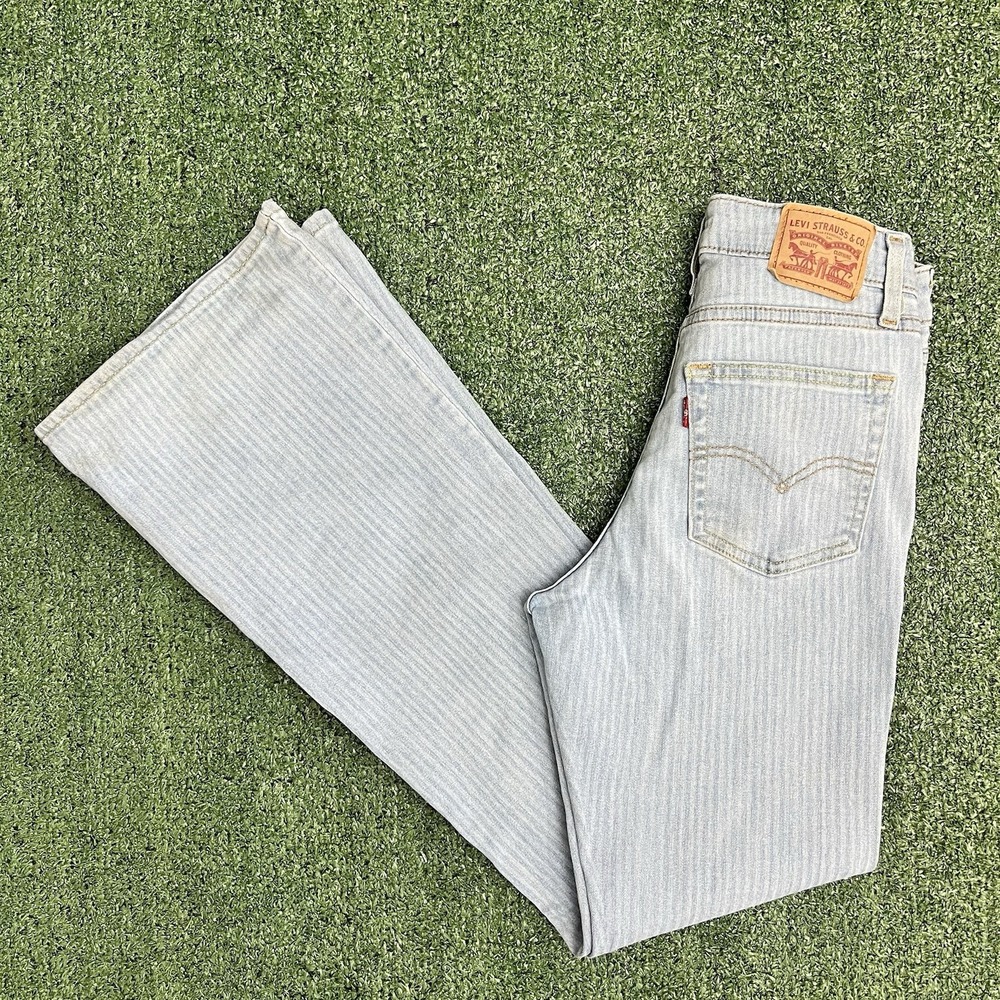 Levi's 726 High Rise Flare Jeans Striped Light Wash Blue Stretch Size 26 Boho
